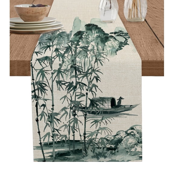 Table Runner Dresser Scarves 36 Inch Long, Chinese Ink Painting Traditional Art Linen Dining Table Runners Mountain Bamboo Landscape Tabletop Scarf for Wedding Holiday Party Kitchen