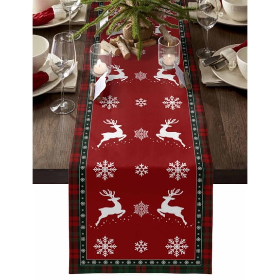 Table Runner Dresser Scarves 36 Inch Long, Christmas Reindeer Snowflake on Red Linen Dining Table Runners Tartan Plaid Lattice Tabletop Scarf for Wedding Holiday Party Kitchen