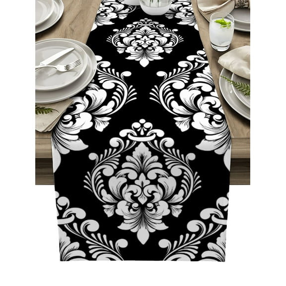 Table Runner Dresser Scarves 36 Inch Long, Classic Black and White Damask Linen Dining Table Runners Vintage Ethnic Floral Art Tabletop Scarf for Wedding Holiday Party Kitchen