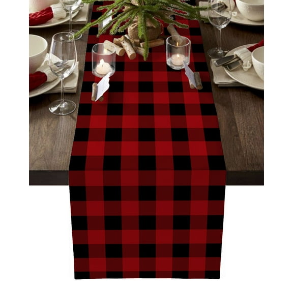 Table Runner Dresser Scarves 36 Inch Long, Classic Red and Black Grid Lattice Linen Dining Table Runners Farmhouse Buffalo Checker Plaid Tabletop Scarf for Wedding Holiday Party Kitchen