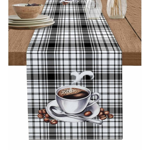Table Runner Dresser Scarves 36 Inch Long,Coffee Time Cocoa Bean Cup Linen Dining Table Runners Farm Black and White Plaid Tabletop Scarf for Wedding Holiday Party Kitchen