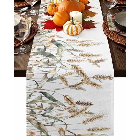 Table Runner Dresser Scarves 36 Inch Long,Fall Farm Watercolor Wheat Harvest Linen Dining Table Runners Retro Rustic Leaves on White Tabletop Scarf for Wedding Holiday Party Kitchen