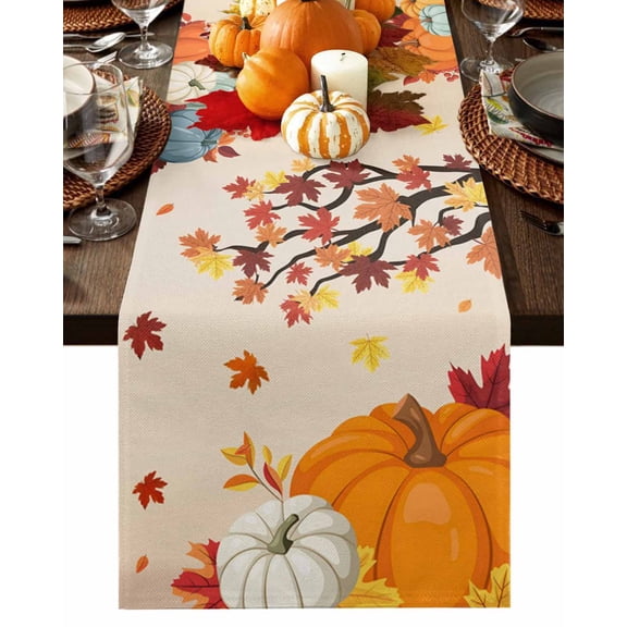 Table Runner Dresser Scarves 36 Inch Long,Fall Harvest Pumpkin Maple Leaf Linen Dining Table Runners Thanksgiving Plant Tabletop Scarf for Wedding Holiday Party Kitchen