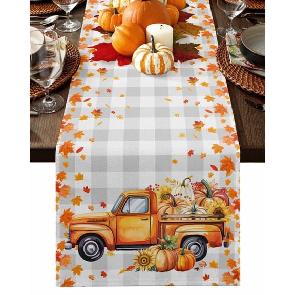 Table Runner Dresser Scarves 36 Inch Long,Fall Harvest Truck Pumpkin Linen Dining Table Runners Maple Leaves Gray Checker Tabletop Scarf for Wedding Holiday Party Kitchen