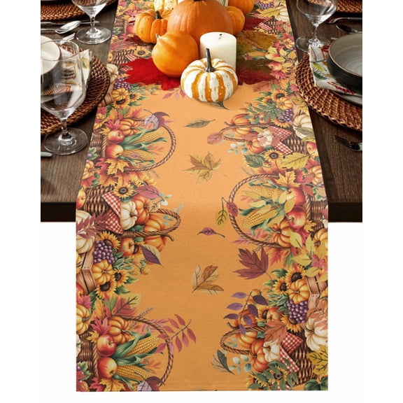 Table Runner Dresser Scarves 36 Inch Long,Fall Pumpkin Fruit Maple Leaf Linen Dining Table Runners Thanksgiving Harvest on Orange Tabletop Scarf for Wedding Holiday Party Kitchen