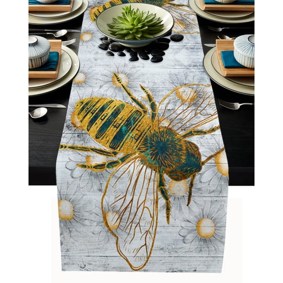 Table Runner Dresser Scarves 36 Inch Long, Farm Bumblebee Bee and Daisy Garden Linen Dining Table Runners Retro Farm Wooden Plank Tabletop Scarf for Wedding Holiday Party Kitchen