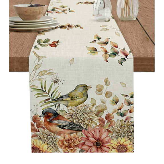 Table Runner Dresser Scarves 36 Inch Long, Farmhouse Birds Eucalyptus Leaves Linen Dining Table Runners Vintage Fall Floral on Linen Tabletop Scarf for Wedding Holiday Party Kitchen