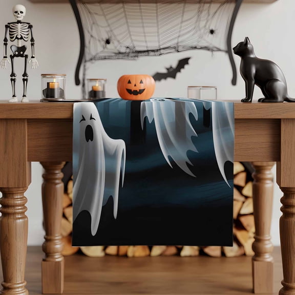 Table Runner Dresser Scarves 36 Inch Long,Floating Ghost in Woods Linen Dining Table Runners Halloween Midnight Forest Tabletop Scarf for Wedding Holiday Party Kitchen