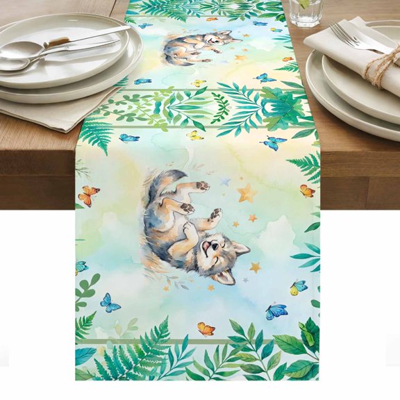 Table Runner Dresser Scarves 36 Inch Long,Forest Wolf Butterfly Stars Linen Dining Table Runners