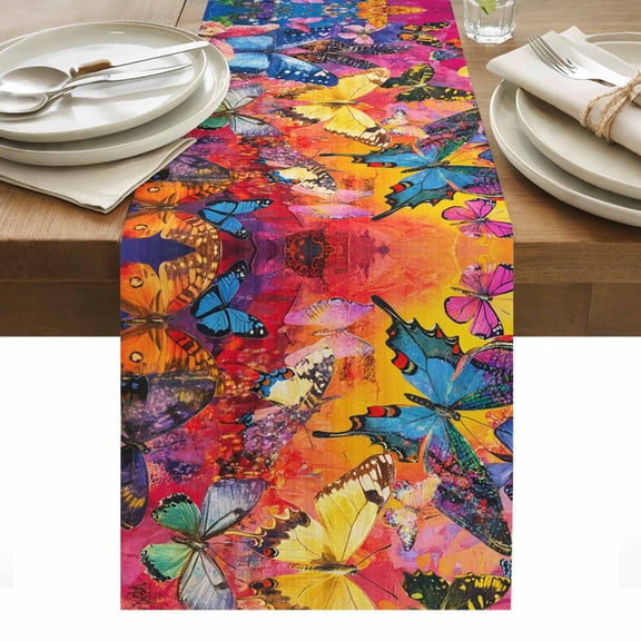 Table Runner Dresser Scarves 36 Inch Long,Garden Colorful Wings Butterfly Linen Dining Table Runners