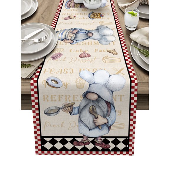 Table Runner Dresser Scarves 36 Inch Long, Gnome Chef Kitchen Cook with Dessert Linen Dining Table Runners Buffalo Plaids and Linen Flax Tabletop Scarf for Wedding Holiday Party Kitchen