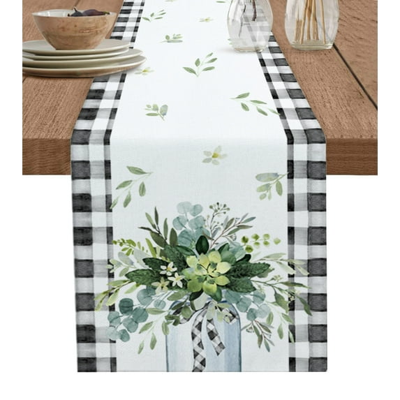 Table Runner Dresser Scarves 36 Inch Long, Green Watercolor Botanical Leaves Linen Dining Table Runners Black and White Buffalo Plaid Tabletop Scarf for Wedding Holiday Party Kitchen