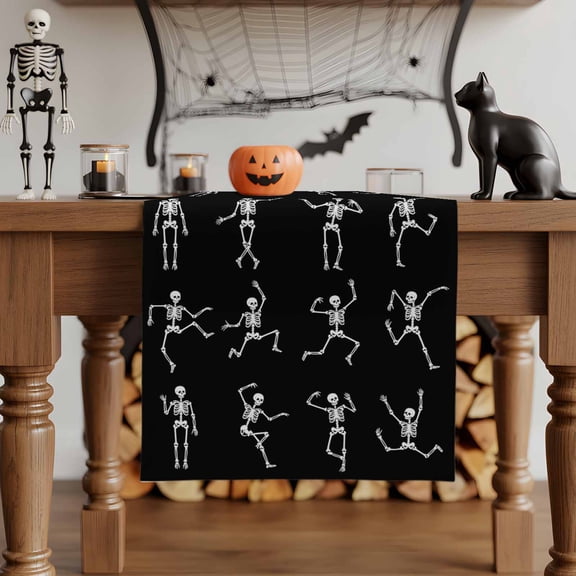 Table Runner Dresser Scarves 36 Inch Long,Halloween Abstract Skeleton Linen Dining Table Runners White Skull on Black Tabletop Scarf for Wedding Holiday Party Kitchen