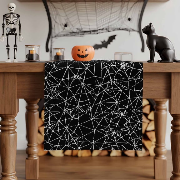 Table Runner Dresser Scarves 36 Inch Long,Halloween Black White Spiderweb Linen Dining Table Runners Abstract Stripe Tabletop Scarf for Wedding Holiday Party Kitchen