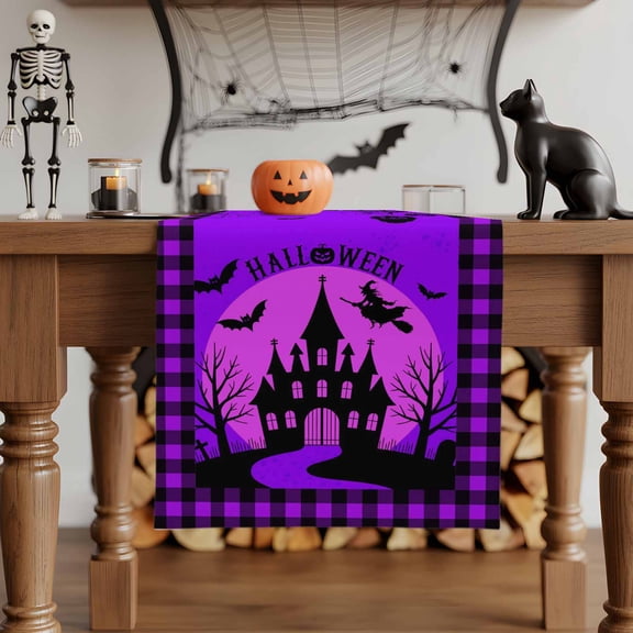 Table Runner Dresser Scarves 36 Inch Long,Halloween Castle Witch Full Moon Linen Dining Table Runners Purple Black Tree Bat Tabletop Scarf for Wedding Holiday Party Kitchen