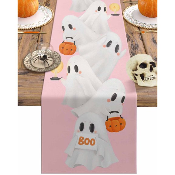 Table Runner Dresser Scarves 36 Inch Long,Halloween Cute White Ghost on Pink Linen Dining Table Runners Orange Pumpkin Candle Boo Tabletop Scarf for Wedding Holiday Party Kitchen
