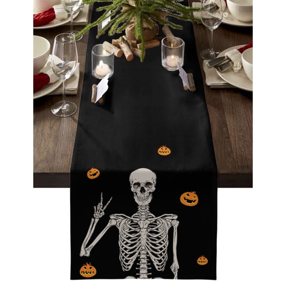 Table Runner Dresser Scarves 36 Inch Long, Halloween Funny Skull Skeleton Linen Dining Table Runners Spooky Pumpkin Ghost Face on Black Tabletop Scarf for Wedding Holiday Party Kitchen