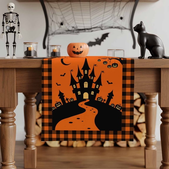 Table Runner Dresser Scarves 36 Inch Long,Halloween Haunted Castle Pumpkin Linen Dining Table Runners Spiderweb Orange Black Tabletop Scarf for Wedding Holiday Party Kitchen