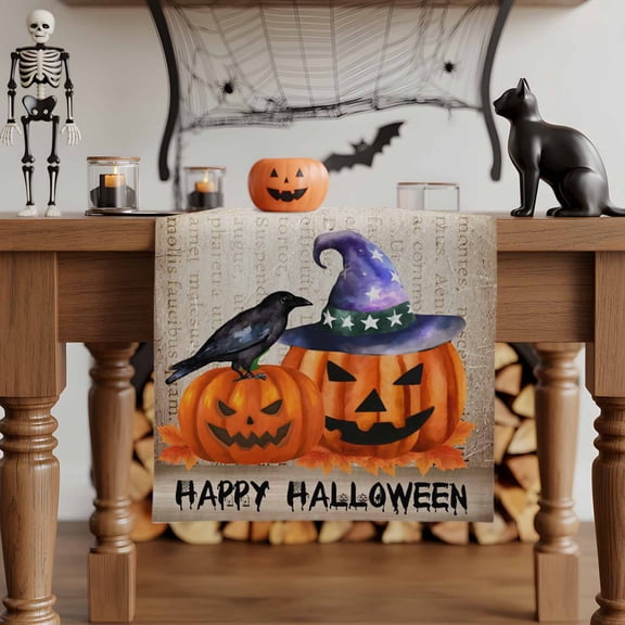 Table Runner Dresser Scarves 36 Inch Long,Halloween Pumpkin Ghost Face Magic Witch Hat Crow Linen Dining Table Runners Ghost Retro Letter Tabletop Scarf for Wedding Holiday Party Kitchen