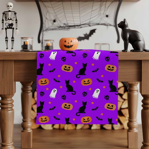 Table Runner Dresser Scarves 36 Inch Long,Halloween Seamless Cat Pumpkin Ghost Linen Dining Table Runners Scary Skull Purple Tabletop Scarf for Wedding Holiday Party Kitchen