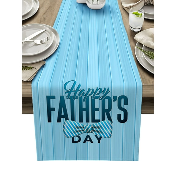 Table Runner Dresser Scarves 36 Inch Long, Happy Father's Day Gentleman Tie Linen Dining Table Runners Light Blue Wood Board Tabletop Scarf for Wedding Holiday Party Kitchen