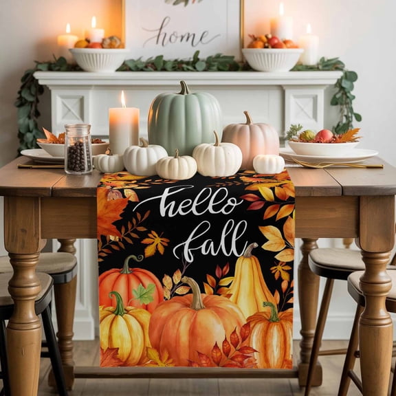 Table Runner Dresser Scarves 36 Inch Long,Hello Fall Thanksgiving Pumpkin Linen Dining Table Runners Maple Leaves Orange Black Tabletop Scarf for Wedding Holiday Party Kitchen
