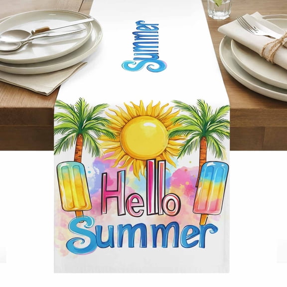 Table Runner Dresser Scarves 36 Inch Long,Hello Summer Text Sun Palm Tree Linen Dining Table Runners
