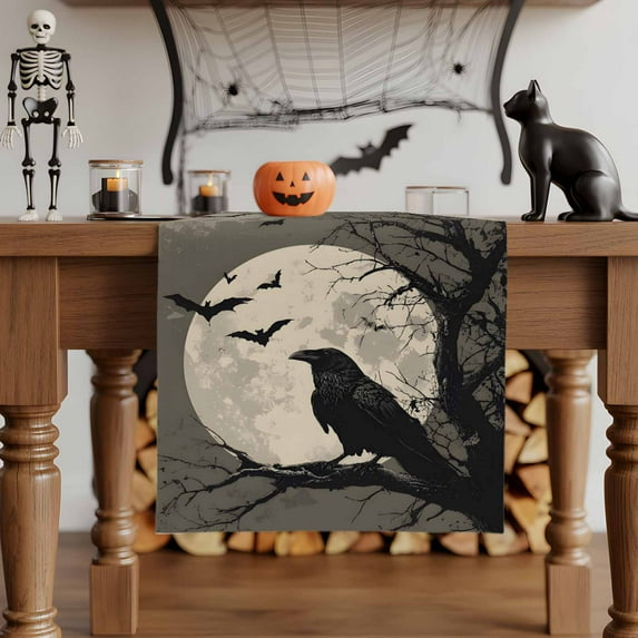 Table Runner Dresser Scarves 36 Inch Long,Horror Halloween Crow Bat Full Moon Linen Dining Table Runners Bare Tree Branch Tabletop Scarf for Wedding Holiday Party Kitchen