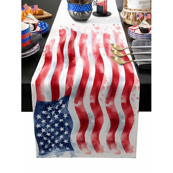 Table Runner Dresser Scarves 36 Inch Long,Independence Day USA Flag Bless Text Linen Dining Table Runners Watercolor Star and Stripe Tabletop Scarf for Wedding Holiday Party Kitchen