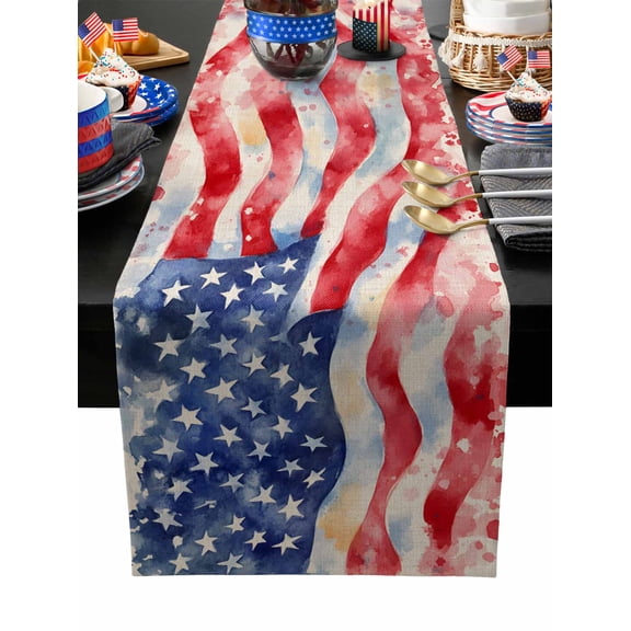 Table Runner Dresser Scarves 36 Inch Long,Independence Day Watercolor Old Glory Linen Dining Table Runners Patriotic USA Flag Tabletop Scarf for Wedding Holiday Party Kitchen