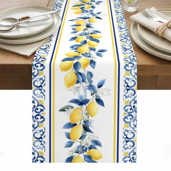 Table Runner Dresser Scarves 36 Inch Long,Lemon Moroccan Geometric Linen Dining Table Runners