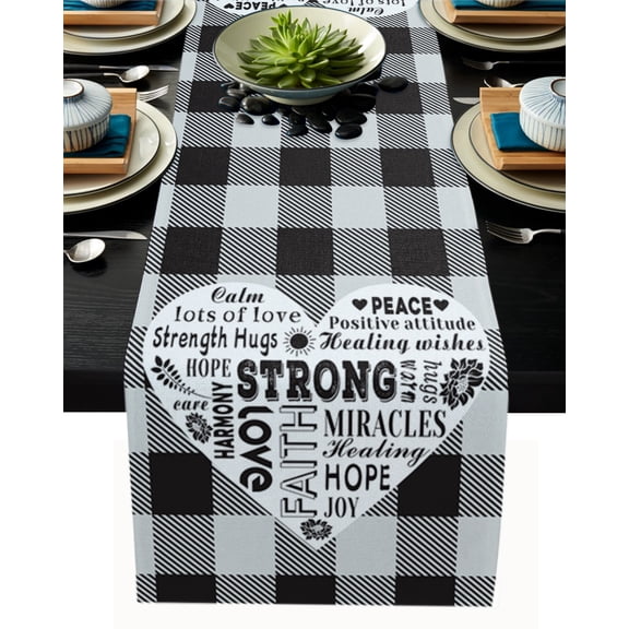 Table Runner Dresser Scarves 36 Inch Long, Love Heart with Positive Quote Linen Dining Table Runners Black and White Buffalo Gird Tabletop Scarf for Wedding Holiday Party Kitchen