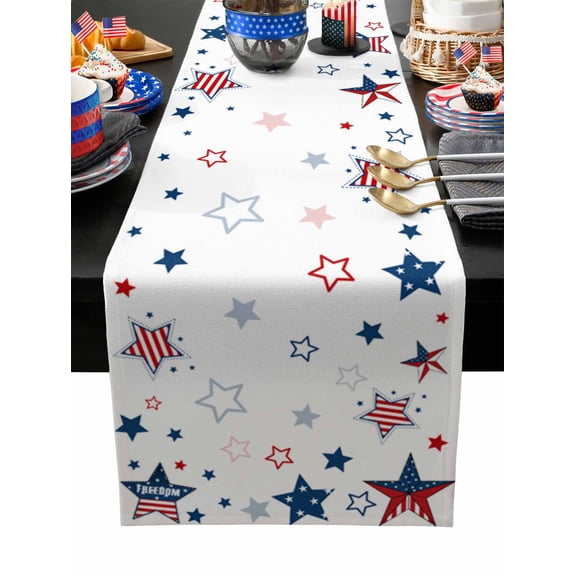 Table Runner Dresser Scarves 36 Inch Long,Memorial Day American National Flag Linen Dining Table Runners Blue Red Stripe Star on White Tabletop Scarf for Wedding Holiday Party Kitchen