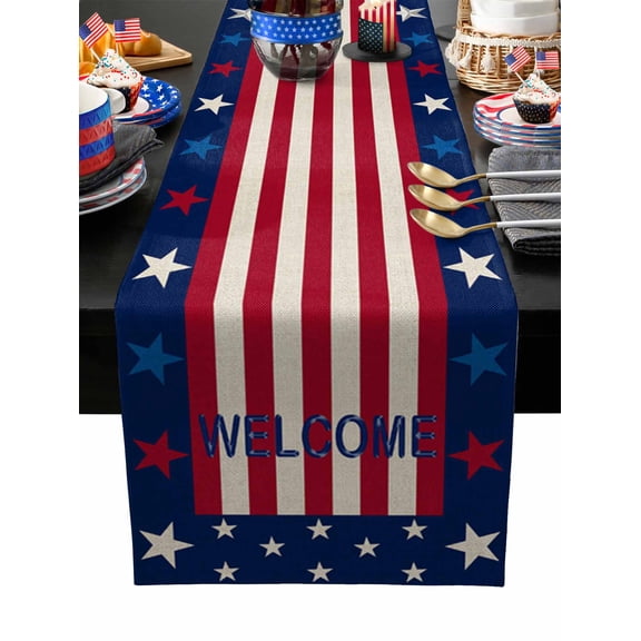 Table Runner Dresser Scarves 36 Inch Long,Memorial Day Patriotic Star on Blue Linen Dining Table Runners Red and White Stripe on Flax Tabletop Scarf for Wedding Holiday Party Kitchen
