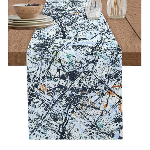 Table Runner Dresser Scarves 36 Inch Long, Modern Abstract Splash Art Linen Dining Table Runners Black Blue Orange Color Graffiti Tabletop Scarf for Wedding Holiday Party Kitchen