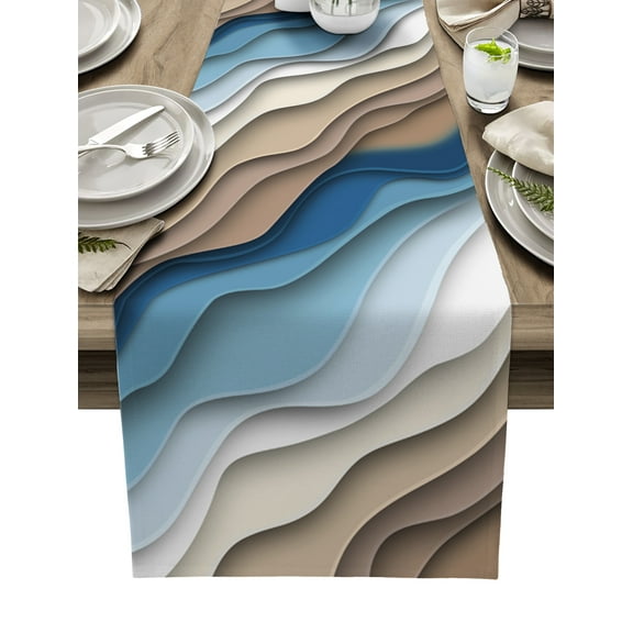 Table Runner Dresser Scarves 36 Inch Long, Modern Abstract Wave Lines Linen Dining Table Runners Ombre Blue White Brown Color Block Tabletop Scarf for Wedding Holiday Party Kitchen