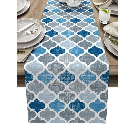 Table Runner Dresser Scarves 36 Inch Long, Morocco Geometric Quatrefoil Plaid Linen Dining Table Runners Blue and Grey Lattice on Linen Tabletop Scarf for Wedding Holiday Party Kitchen