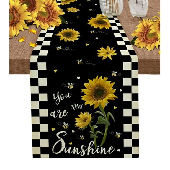 Table Runner Dresser Scarves 36 Inch Long, My SunshineSunflower Bee Linen Dining Table Runners Vintage Black White Checkered Tabletop Scarf for Wedding Holiday Party Kitchen