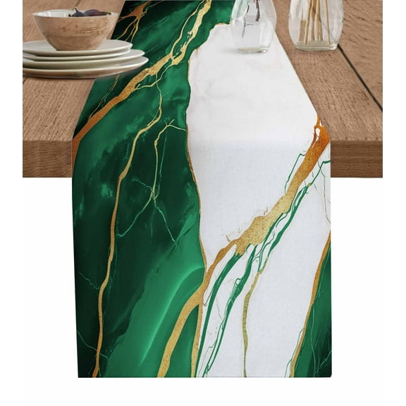 Table Runner Dresser Scarves 36 Inch Long,Natural Abstract Marble Rock Linen Dining Table Runners Emerald Green Stone Gold Crack Tabletop Scarf for Wedding Holiday Party Kitchen