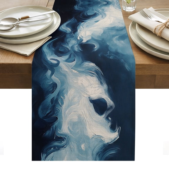 Table Runner Dresser Scarves 36 Inch Long,Navy Blue Ocean Waves Abstract Style Linen Dining Table Runners