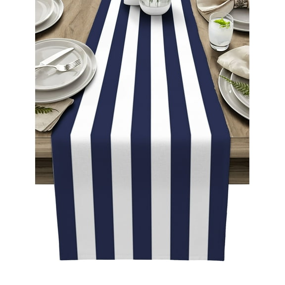 Table Runner Dresser Scarves 36 Inch Long, Navy Blue and White Stripe Linen Dining Table Runners Modern Stripes Pattern Tabletop Scarf for Wedding Holiday Party Kitchen