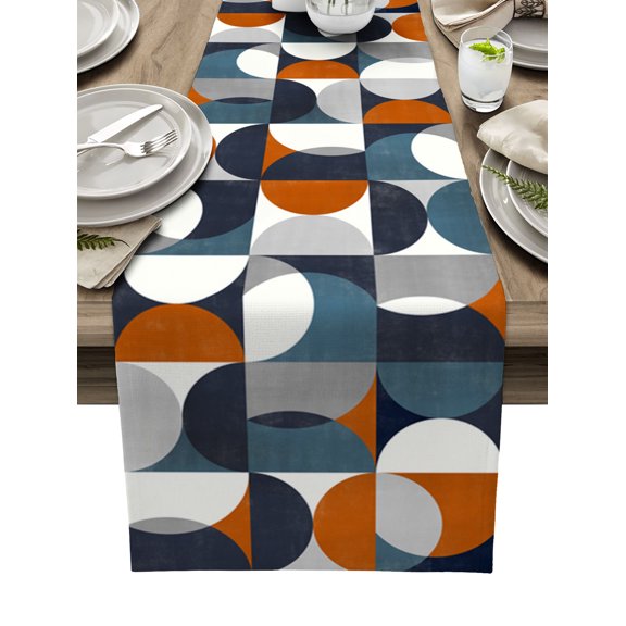 Table Runner Dresser Scarves 36 Inch Long, Nordic Mid Times Geometric Art Linen Dining Table Runners Blue Orange White Grey Semicircle Tabletop Scarf for Wedding Holiday Party Kitchen