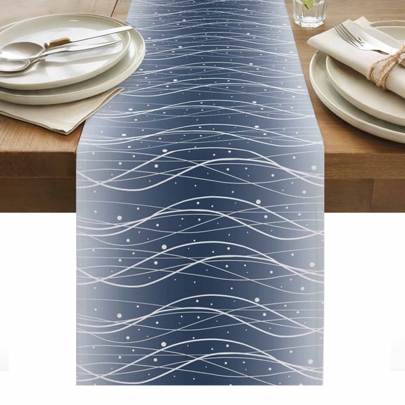 Table Runner Dresser Scarves 36 Inch Long,Ocean Gradient Navy Blue Waves Linen Dining Table Runners