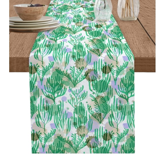 Table Runner Dresser Scarves 36 Inch Long, Ocean Marine Green Coral Seaweed Linen Dining Table Runners Lavender Brown Color Dot on White Tabletop Scarf for Wedding Holiday Party Kitchen