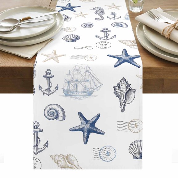 Table Runner Dresser Scarves 36 Inch Long,Ocean Starfish Seahorse Shell Conch Linen Dining Table Runners