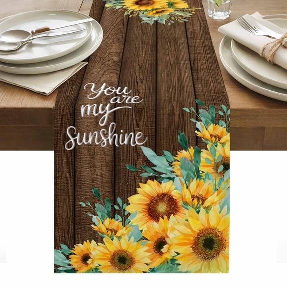 Table Runner Dresser Scarves 36 Inch Long,Pastoral Sunflower Brown Plank Linen Dining Table Runners