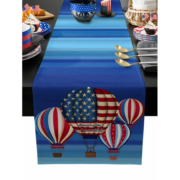 Table Runner Dresser Scarves 36 Inch Long,Patriotic Hot Air Balloon Star Stripe Linen Dining Table Runners 4th of July USA Flag Tabletop Scarf for Wedding Holiday Party Kitchen