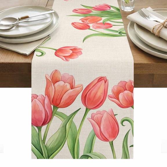 Table Runner Dresser Scarves 36 Inch Long,Pink Tulips Spring Pastoral Floral Linen Dining Table Runners