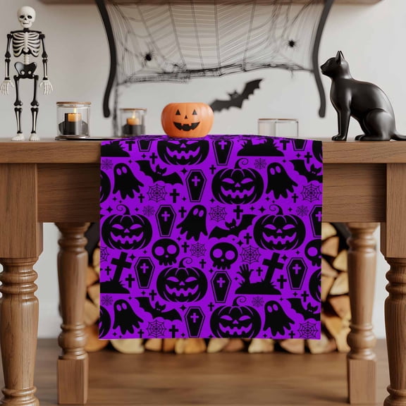 Table Runner Dresser Scarves 36 Inch Long,Pumpkin Ghost Face Skull Tombstone Linen Dining Table Runners Halloween Purple Black Tabletop Scarf for Wedding Holiday Party Kitchen