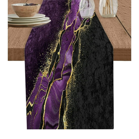 Table Runner Dresser Scarves 36 Inch Long, Purple Black Texture with Gold Line Linen Dining Table Runners Modern Wild Marble Stone Tabletop Scarf for Wedding Holiday Party Kitchen